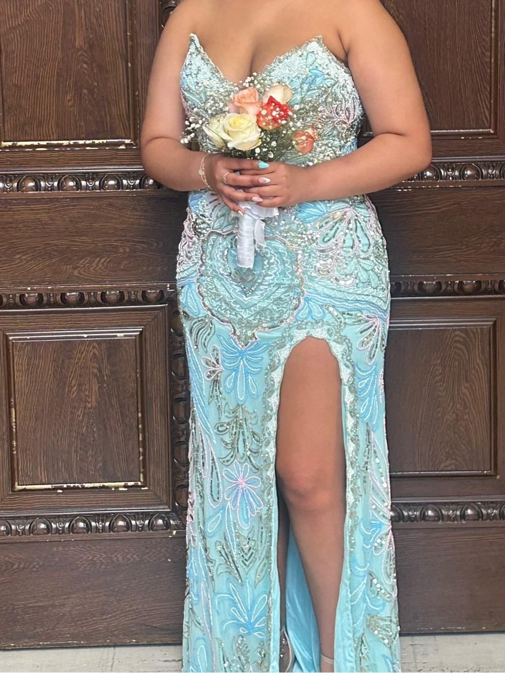 Beaded Strapless Aqua Prom Gown with High Front Slit